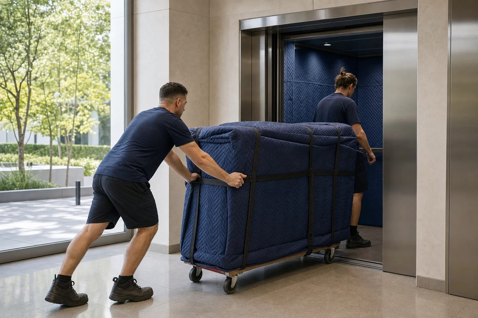 Removalists wheeling wrapped furniture into a modern apartment service lift