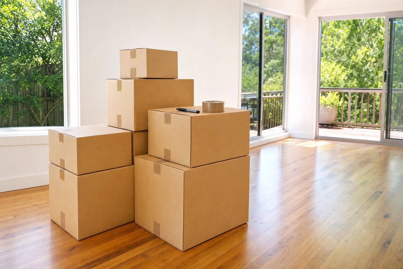 Neatly labelled moving boxes stacked in a bright, empty living room