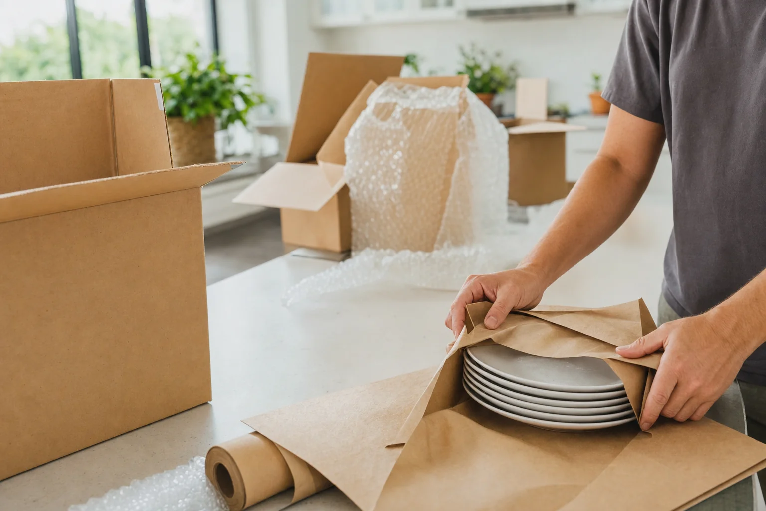 Hands wrapping plates in butchers paper surrounded by moving cartons