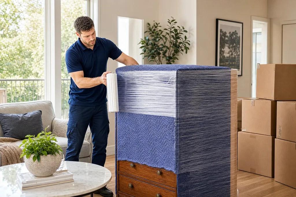 Removalist packing and wrapping household items into moving cartons in a Mosman home