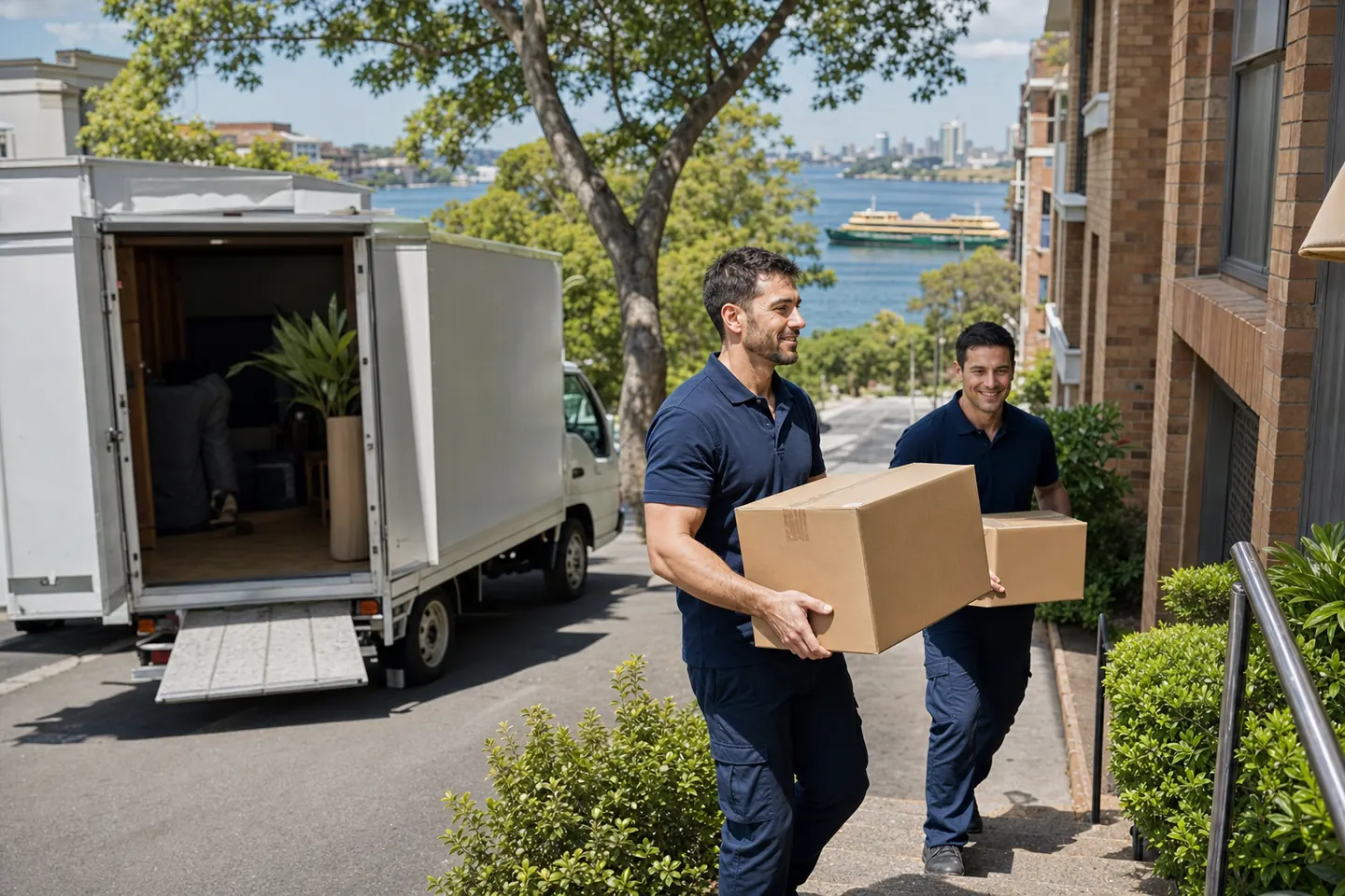 Removalists carrying boxes from a Neutral Bay apartment block on a leafy Lower North Shore street
